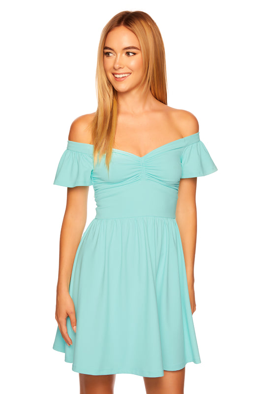 off shoulder gathered front dress